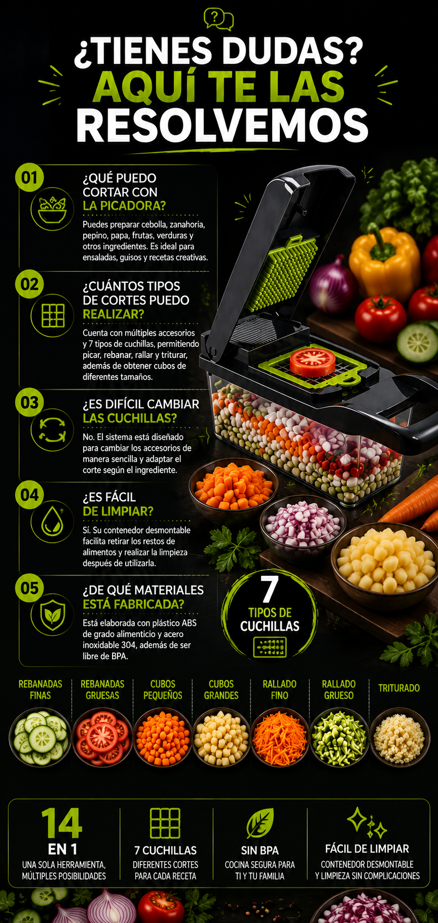 CortaFácil 14 en 1 - Picadora Multifunción de Verduras y Frutas