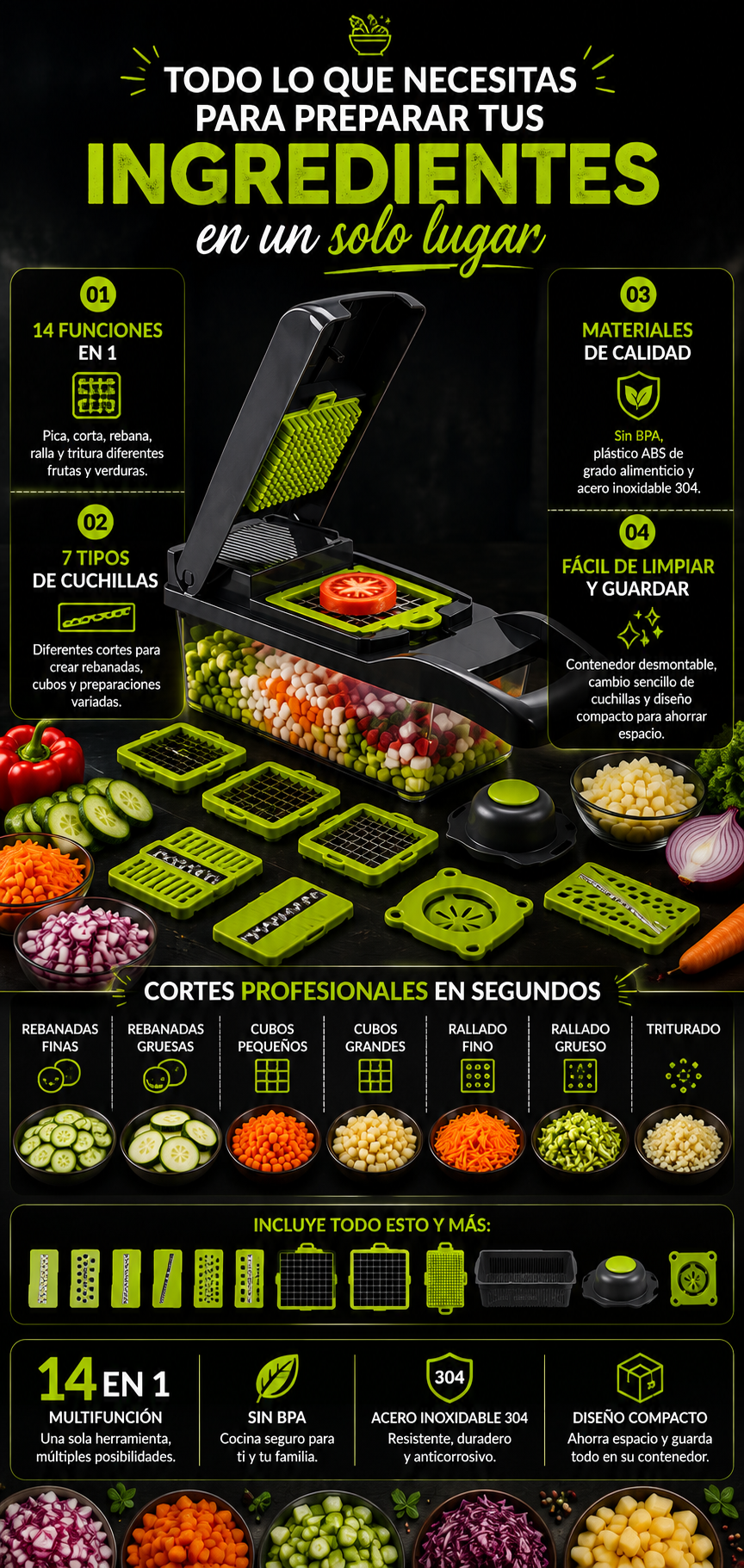 CortaFácil 14 en 1 - Picadora Multifunción de Verduras y Frutas