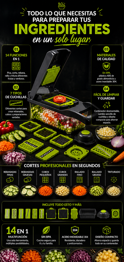CortaFácil 14 en 1 - Picadora Multifunción de Verduras y Frutas