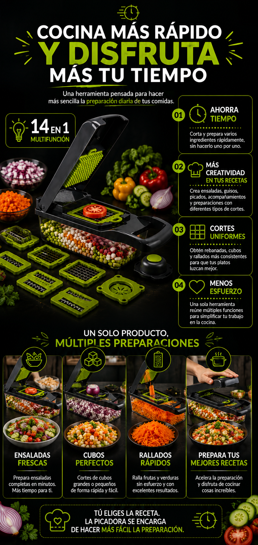 CortaFácil 14 en 1 - Picadora Multifunción de Verduras y Frutas
