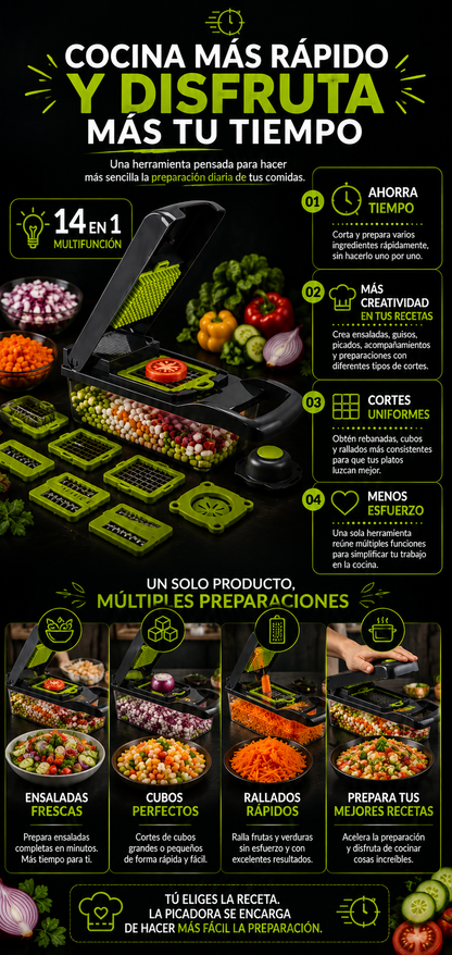 CortaFácil 14 en 1 - Picadora Multifunción de Verduras y Frutas